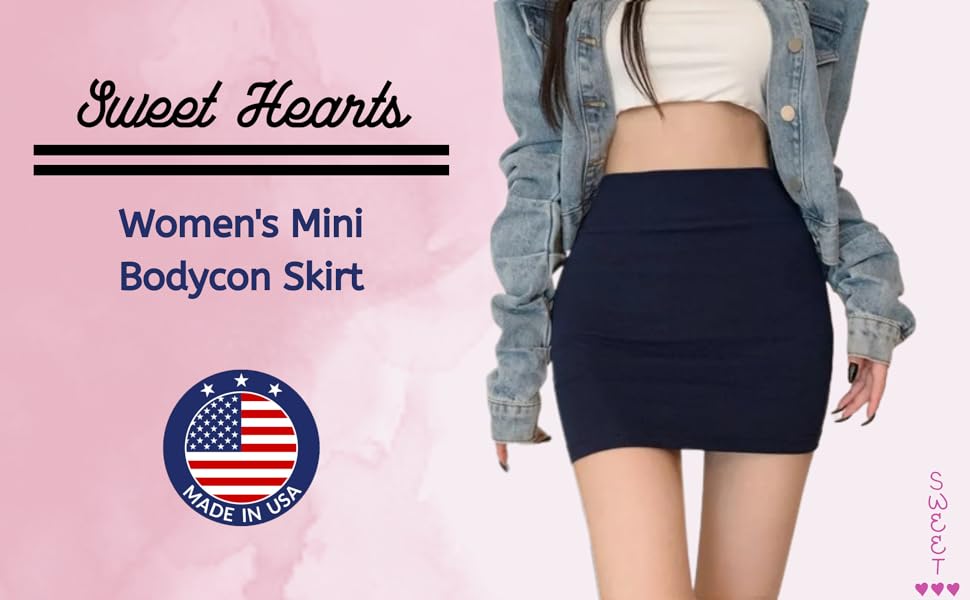 Sweet Hearts Womens Bodycon Mini Skirt Cute Stylish Black White Red Cotton Elastic Waist Made in USA