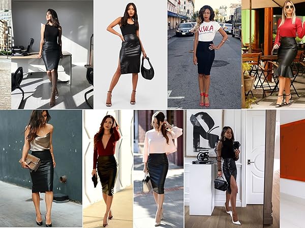 Women&#39;s High Waisted Faux Leather Midi Pencil Skirt