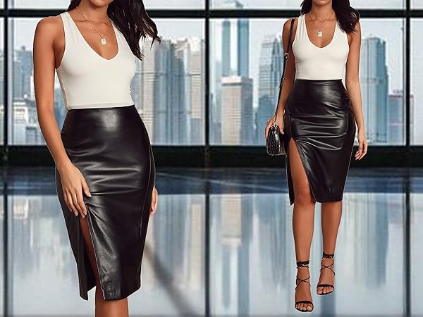 Women&#39;s High Waisted Faux Leather Midi Pencil Skirt