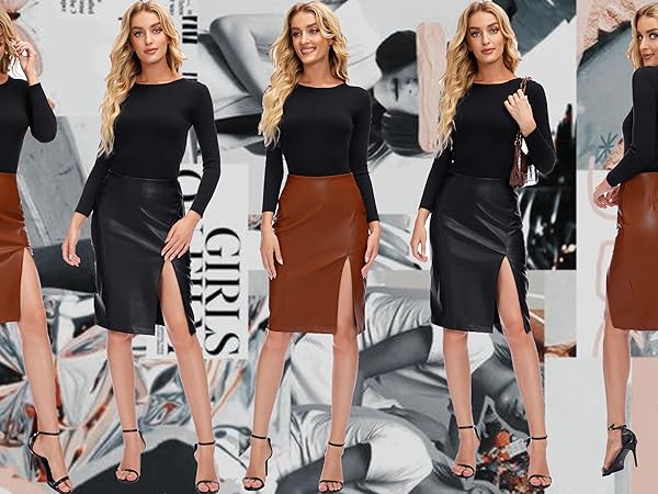 Women&#39;s High Waisted Faux Leather Midi Pencil Skirt