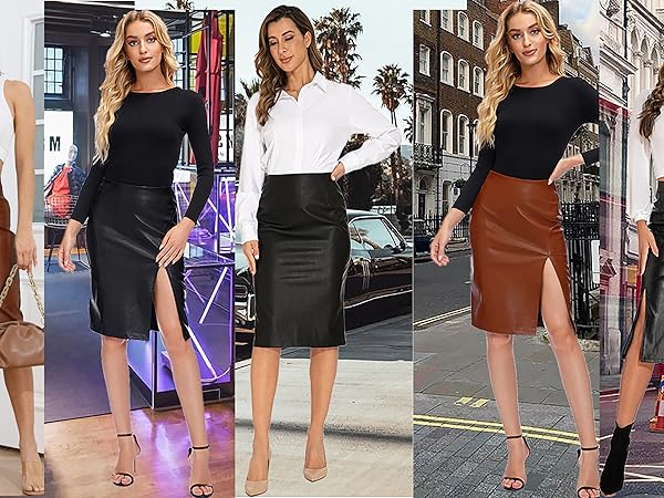 Women&#39;s High Waisted Faux Leather Midi Pencil Skirt