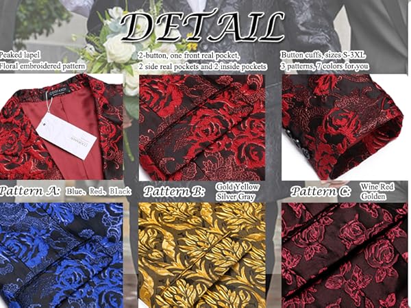 COOFANDY Mens Floral Tuxedo Jacket Rose Embroidered Suit Jacket Wedding Prom Dinner Party Blazer
