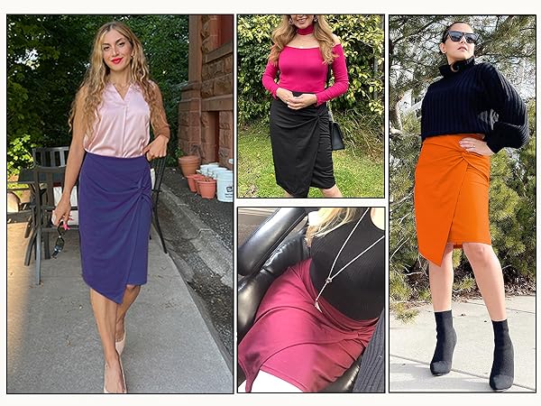 katekasin Wear to Work Pencil Skirts Elastic High Waist Wrap Knee Length Bodycon Skirt Tummy Control