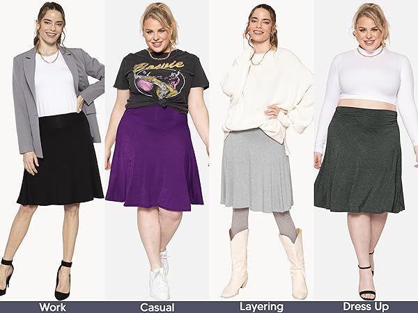 Premium Women''s and Plus Knee Length Flowy Skirt with Side Ruching how to wear