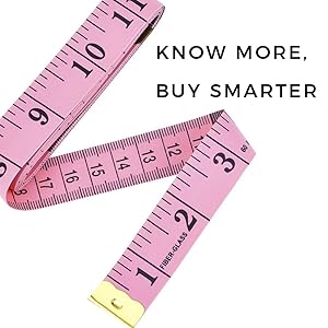 pink measuring tape on white background. It says "Know more, buy smarter"