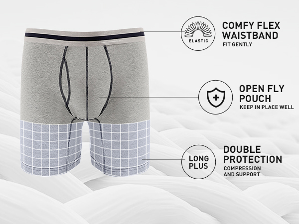 comfy flexible waistband/open fly pouch keep everything in place well/compression function