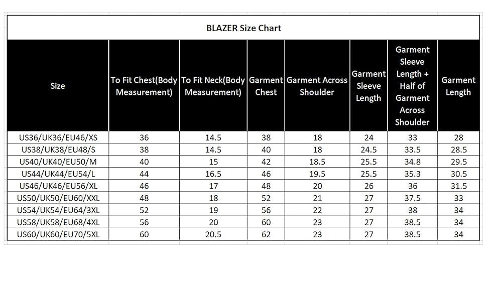 Blazer Size Chart
