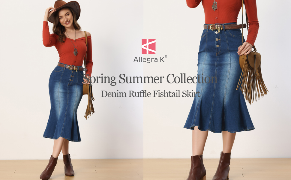 Allegra K Fishtail Maxi Denim Skirt for Women''s Distressed Skirt