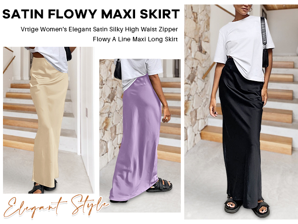 Elegant Satin Silky High Waist Zipper Flowy A Line Maxi Long Skirt