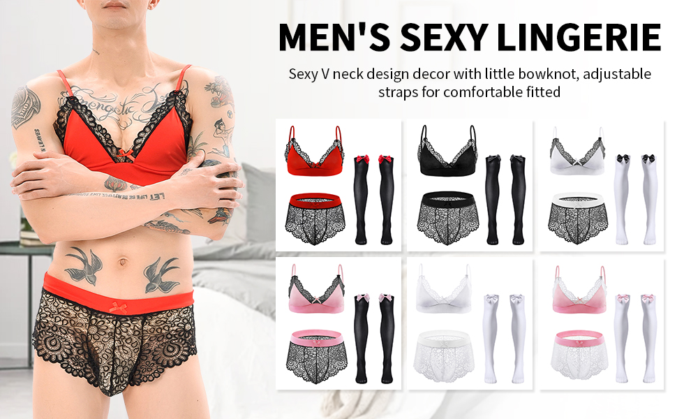 Men''s Sissy Lace Crossdressing Lingerie Floral Bra Panties Stockings 3Pcs Crossdresser  