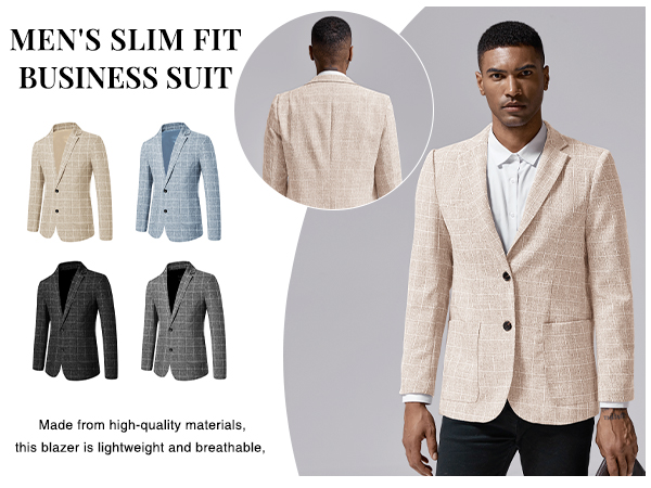 Mens Casual Plaid Blazer Sport Coat Slim Fit Lightweight Two Button Business Suit Jacket