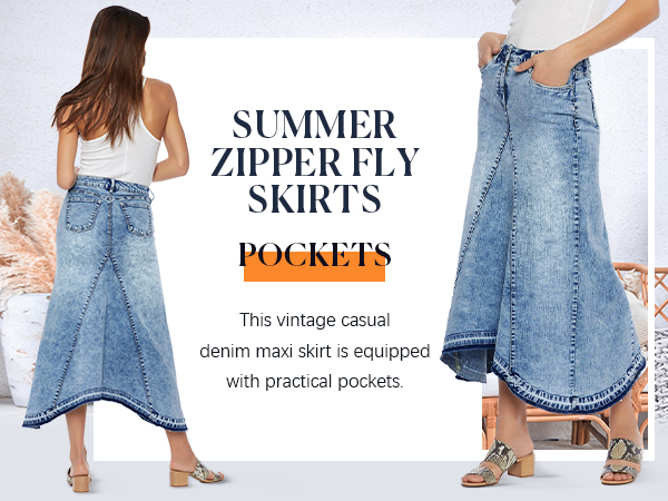 Fisoew Womens Casual High Waist Denim Maxi Skirt 
