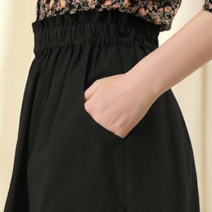 Allegra K Women''s Peasant Elastic Waist Ruffle Cotton A-Line Midi Skirt with Pockets