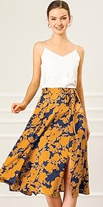 Front Slits Belted Floral Midi Skirt