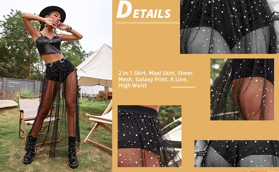 Milumia Women''s 2 in 1 Sheer Mesh Skirt Galaxy Print See Through High Waist Maxi Skirt