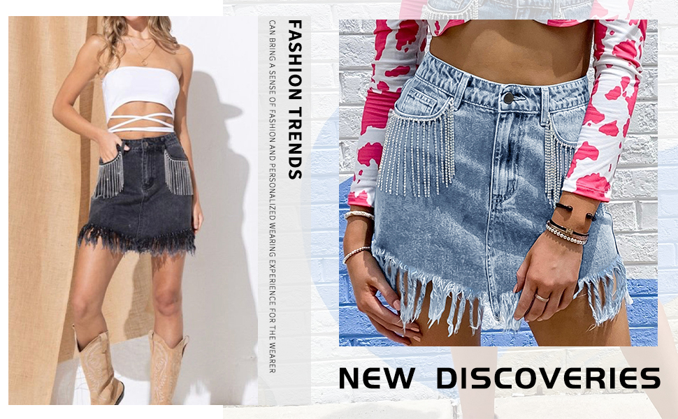 women tassel denim skirt