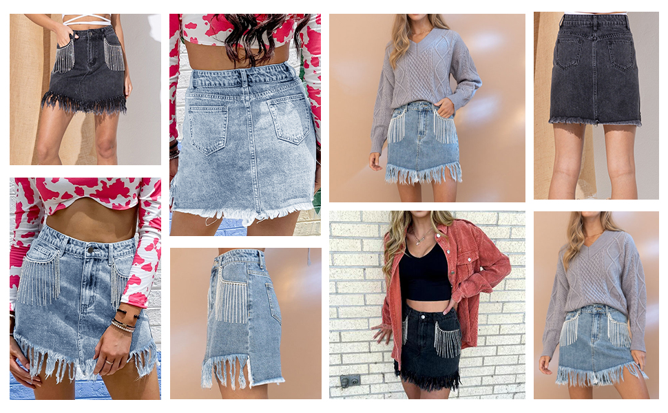 women tassel denim skirt