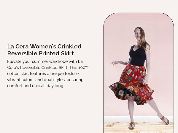 La Cera Women''s Crinkled Reversible Printed Skirt