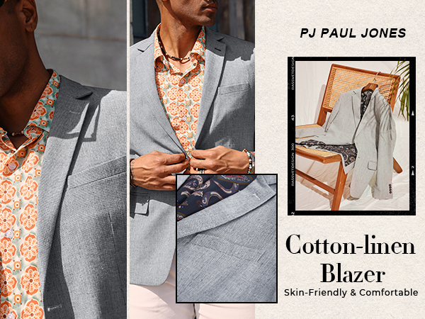 Mens Blazer Casual Two Button Cotton-Linen Sport Coat Lightweight Plaid Suit Jackets