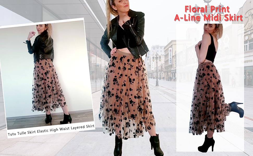 Floral Print Mesh A-Line Midi Skirt 