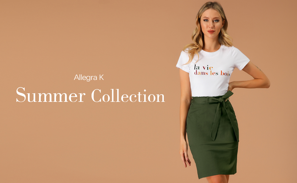 Allegra K Women''s Stretch Elastic Waist Work Spring Belted Cotton Pencil Mini Skirt
