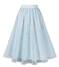 MXN 5528 Elegant Women''s Beaded Mesh Overlay Tulle A Line Tea Length Skirt