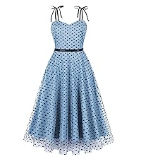 MXN 9002 Wellwits Women''s Bow Cami Strap Polka Dots Mesh Cocktail Vintage Dress Light Blue