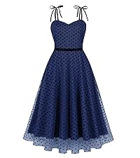 MXN 9002 Wellwits Women''s Bow Cami Strap Polka Dots Mesh Cocktail Vintage Dress Navy