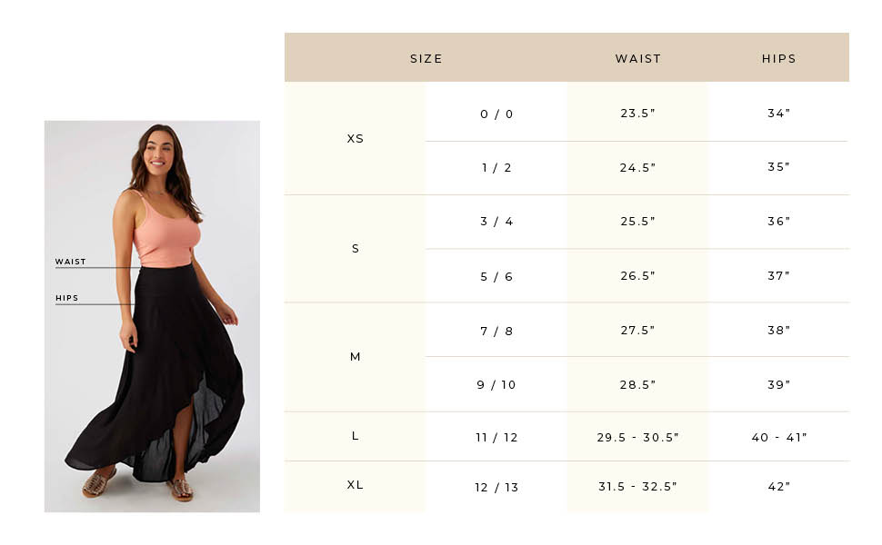 O&#39;Neill Womens Skirts A+ Size Chart