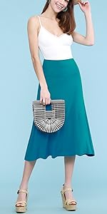 Women&#39;s Solid Ombre Lightweight Flare Midi Pull On Closure Skirt S-XXXL Plus Size