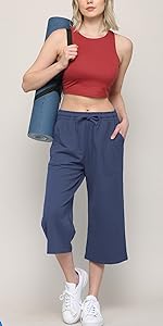 Womens Capri Pants Loose Yoga Pants Wide Leg Drawstring Lounge Pajama Sweatpants