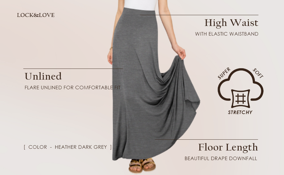 MAXI SKIRT FLOOR LONG LENGTH HIGH WAIST ELASTIC WAISTBAND SOFT STRETCHY UNLINED DRAPE DOWNFALL