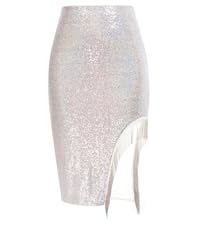 Kate Kasin Women Sequin Skirt Midi Sparkly Fringe Skirt High Waisted Pencil Skirt with Slit Trendy