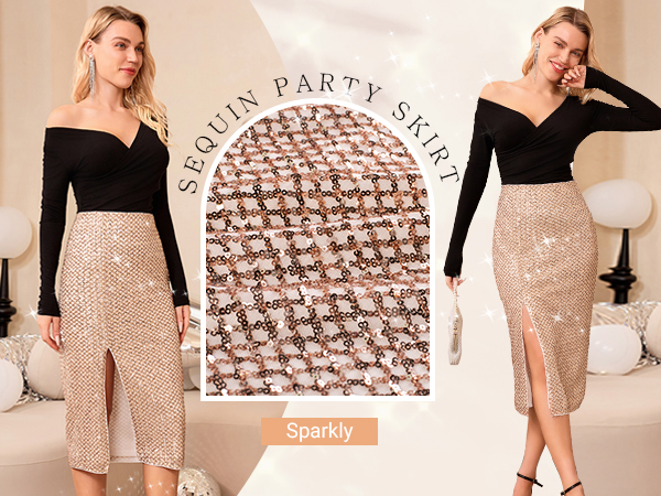 Champagne Gold Sparkly Skirt Midi Skirt with Slit Concert Outfit