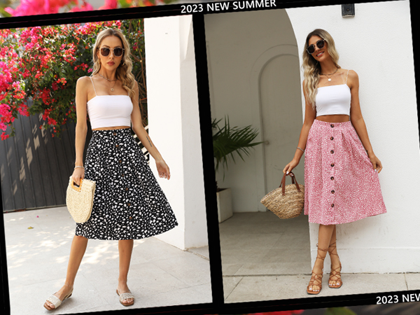 Womens Summer Boho Skirt Button Up High Waisted Casual Midi Skirts Red Floral