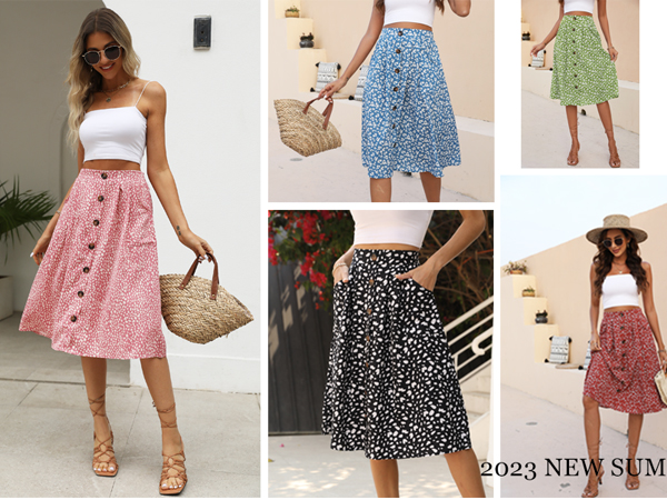 Women''s Summer Boho Printed Skirt Button Up High Waist Casual Midi Skirts Pink Floral