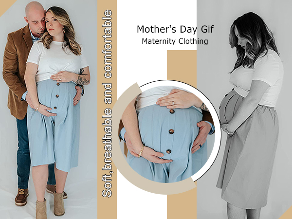 Women''s Summer Button Front Pleated High Waist Midi Skirt with Pockets Light Blue