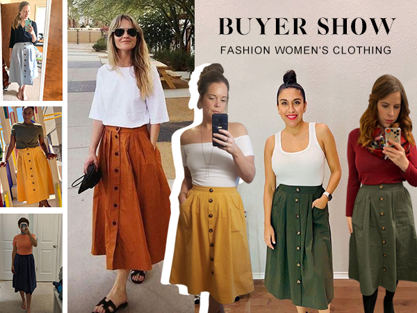 Plain Solid Midi Skirt for Women, A-line Pleated Flared Skirt with Pockets