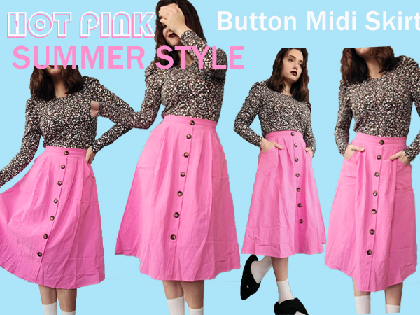 pink skirt women summer midi high waisted button skirts hot pink