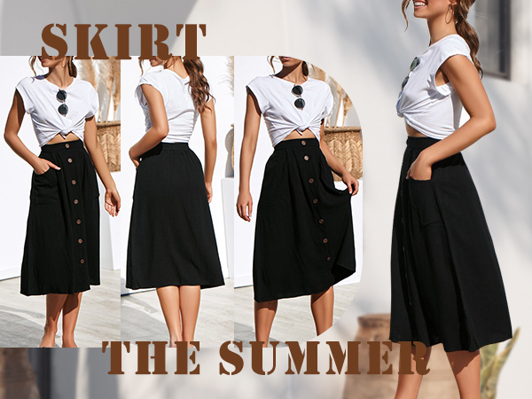 Womens Skirts Button Front A-Line Black Solid High Waisted Midi Skirt with Pockets