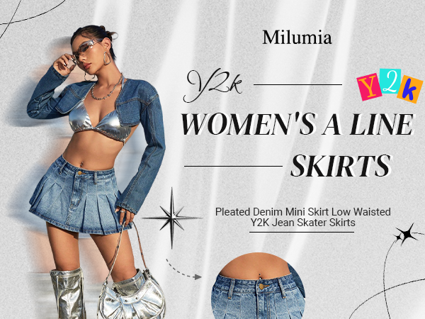 A Line Pleated Denim Mini Skirt Low Waisted Y2K Flare Jean Skater Skirts