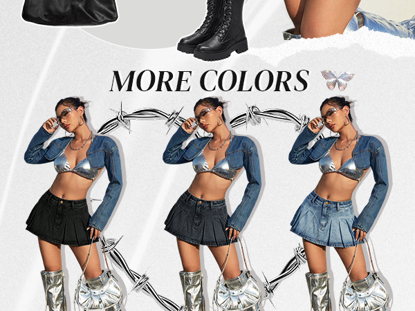 A Line Pleated Denim Mini Skirt Low Waisted Y2K Flare Jean Skater Skirts