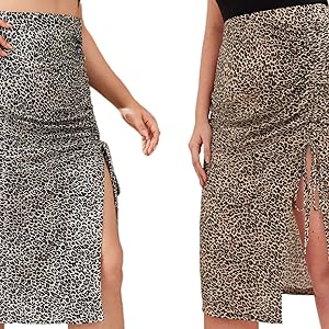 Floerns Women''s Plus Size Leopard Drawstring Ruched Split Thigh Midi Skirt