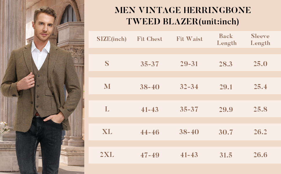PJ PAUL JONES MENS VINTAGE TWEED BLAZER SIZE CHART