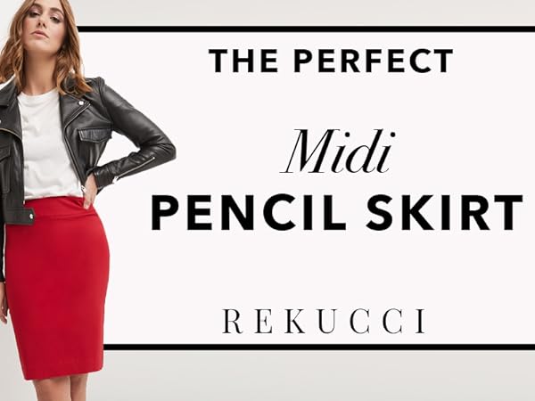 Front back and side view of Rekucci&#39;s perfect midi pencil skirt in red
