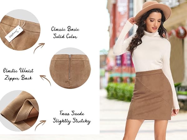 solid color, zipper back, elastic waist, faux suede