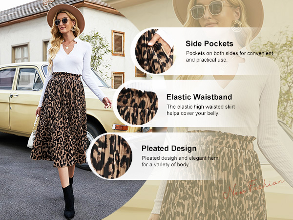 Leopard Skirt Women''s Floral Print Flared Pleated Midi Skirt for Leggings