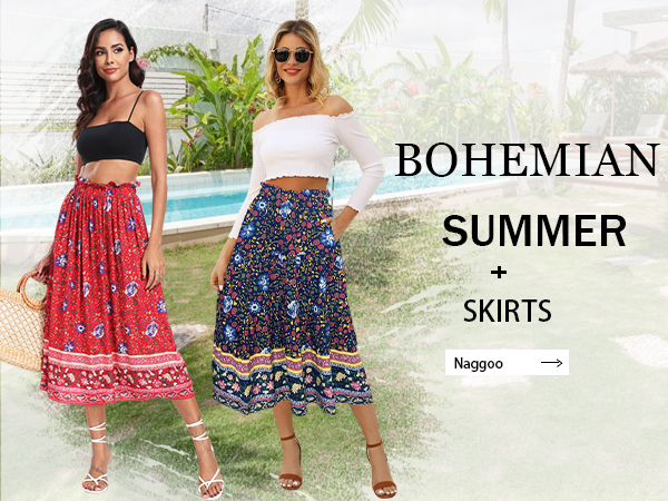 Naggoo Women''s Boho Floral Print Elastic High Waist Pleated A Line Midi Skirts