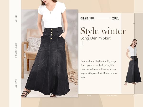 winter long denim jean skirt for women
