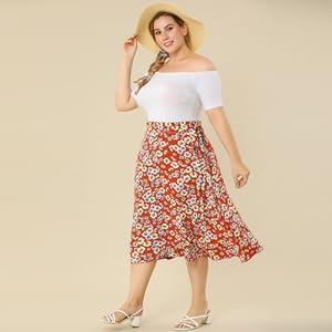 Agnes Orinda Women''s Plus Size a Line Midi Skirt Boho Chic Ruffled Hem Floral Wrap Skirt…